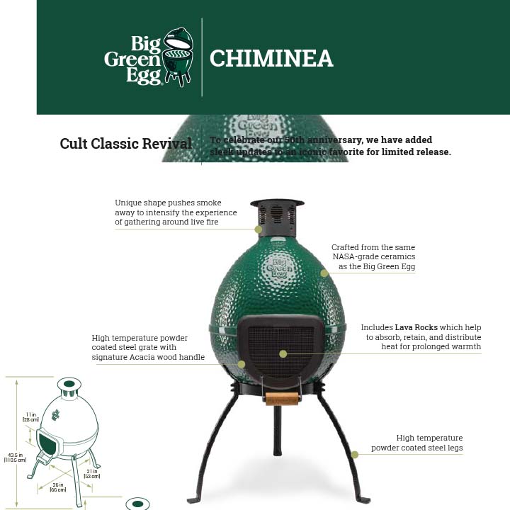 Big Green Egg Chiminea groene keramische buitenhaard met vonkenrooster en acaciahouten handgreep