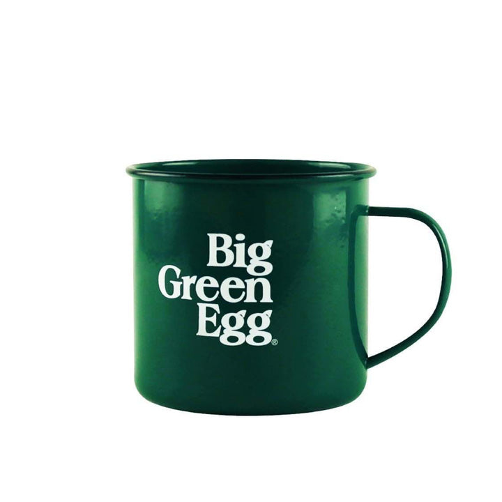 Donkergroene Big Green Egg emaille mok met logo en Since 74-opdruk