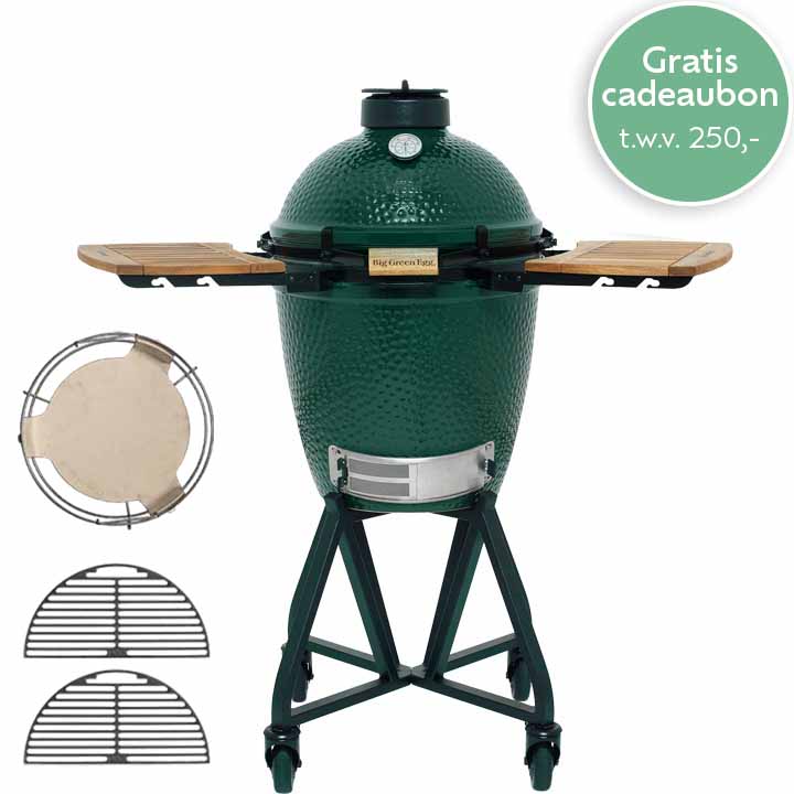 Big Green Egg Medium Master Set 3 met intEGGrated Nest+Handler, houten zijtafels, convEGGtor en halve gietijzeren roosters