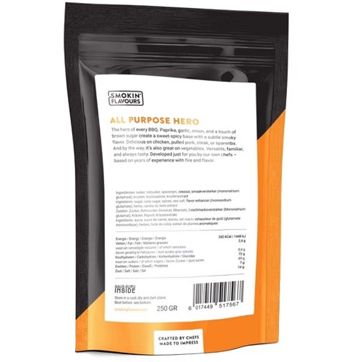 Achterzijde van de pot BXC All Purpose Hero Rub met productinformatie