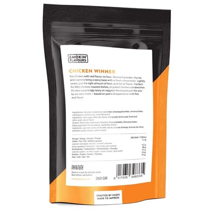 Achterzijde van de pot BXC Chicken Winner Rub met productinformatie