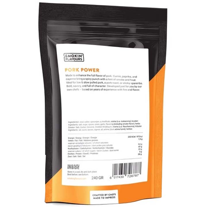Achterzijde van de pot BXC Pork Power Rub met productinformatie