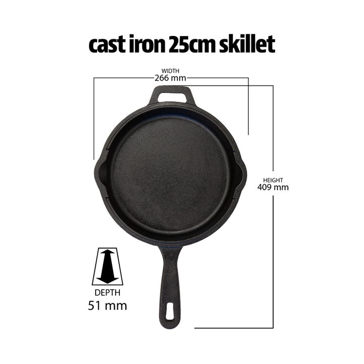 Pit Boss gietijzeren koekenpan 25 cm met lange steel en afmetingen