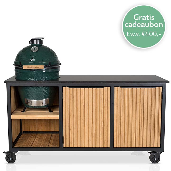 Big Green Egg Large + Fraaii Stalen Tafel Bamboo Natural Rhombus Inferno