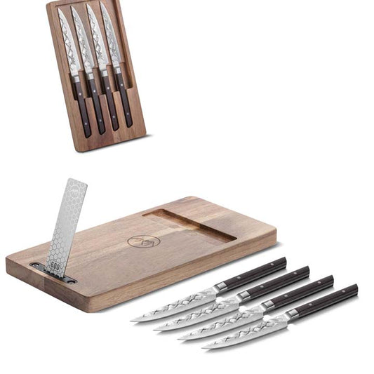 BARE Cookware steakmessenset met vier messen, houten koffer en slijpsteen