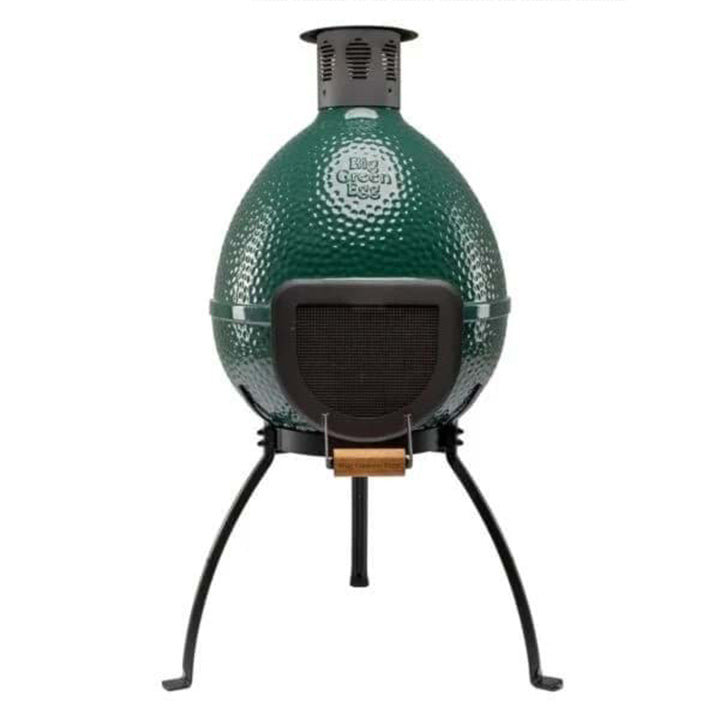 Big Green Egg Chiminea groene keramische buitenhaard met vonkenrooster en acaciahouten handgreep