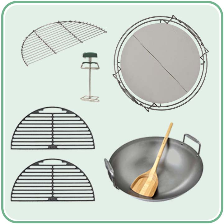Big Green Egg Dual Zone Deflector Set Large 4 met halve roosters, wok en Grid Lifter