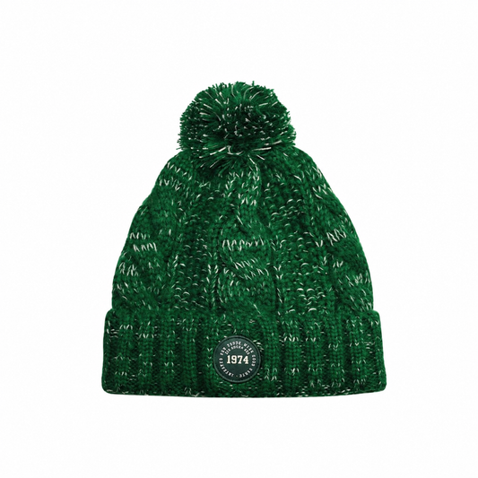 Groen-beige gebreide Big Green Egg muts met pompon en teddyvoering
