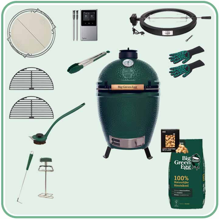Big Green Egg Large Deal 31 met Table Nest, gietijzeren roosters en accessoires