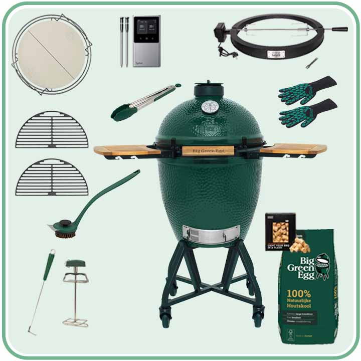 Big Green Egg Large Deal 33 met verrijdbaar onderstel, zijtafels en accessoires