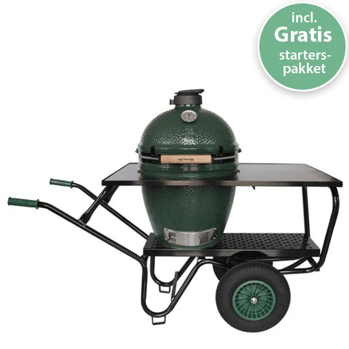 Big Green Egg Large in EGGmover met houten werkblad en dubbele wielen