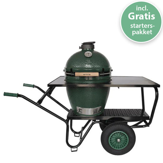 Big Green Egg Large in EGGmover met houten werkblad en dubbele wielen