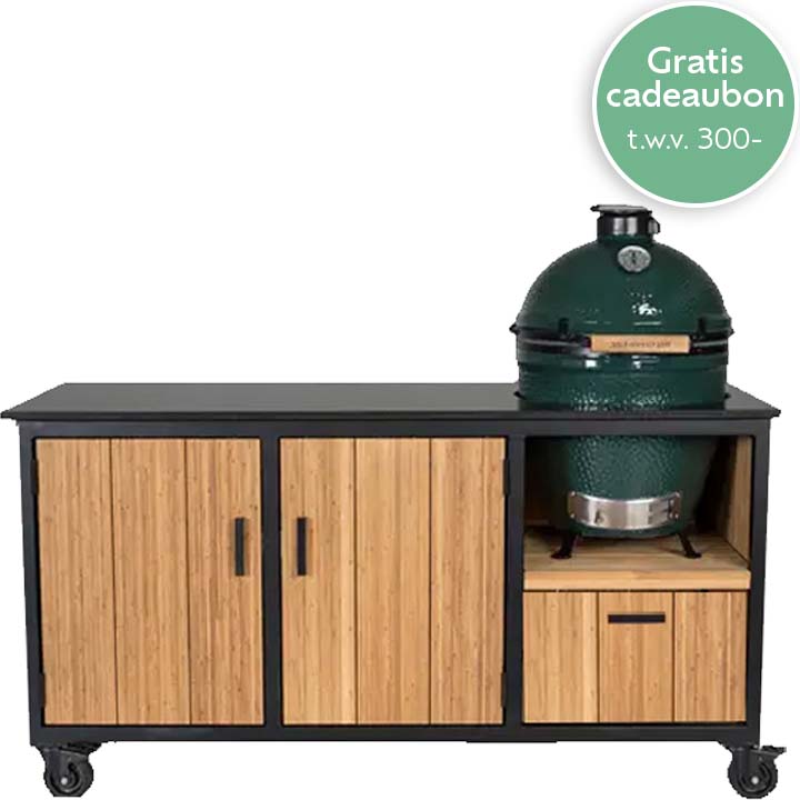 Big Green Egg Large in Fraaii Bamboo Natural Inferno buitenkeuken met Kelya werkblad