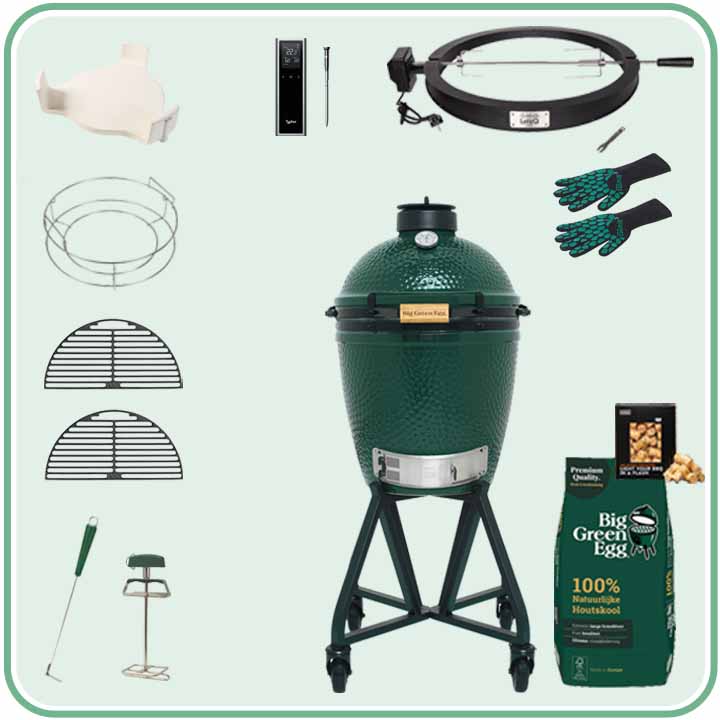 Big Green Egg Medium Deal 7 met verrijdbaar onderstel, draaispit en thermometer