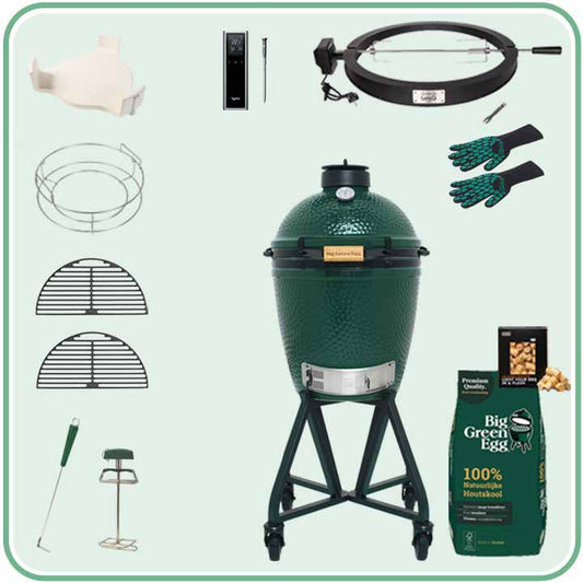 Big Green Egg Medium Deal 7 met verrijdbaar onderstel, draaispit en thermometer