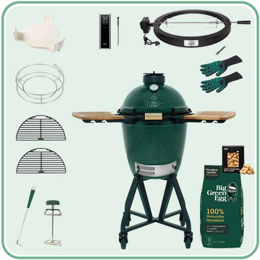 Big Green Egg Medium Deal 8 met onderstel, acaciahouten zijtafels, draaispit en thermometer