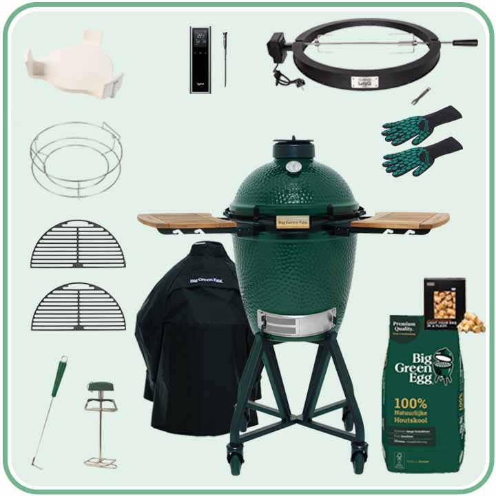 Big Green Egg Medium Deal 9 met onderstel, zijtafels, draaispit, thermometer en cover