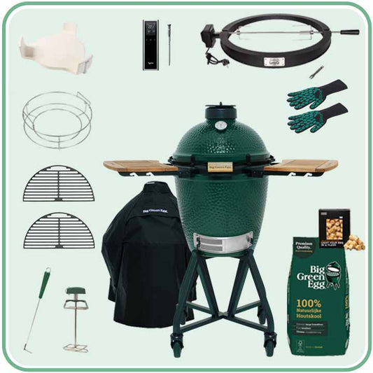 Big Green Egg Medium Deal 9 met onderstel, zijtafels, draaispit, thermometer en cover