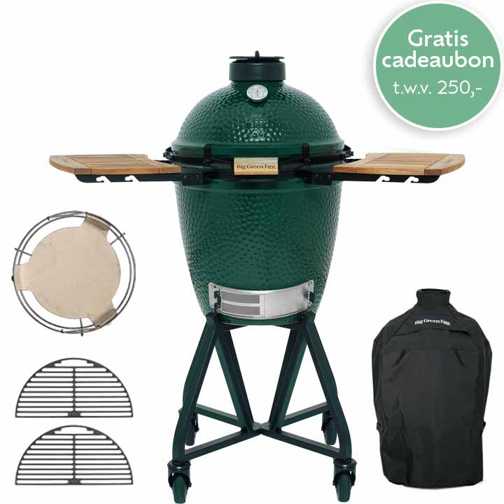 Big Green Egg Medium Master Set 4 met onderstel, houten zijtafels, convEGGtor, gietijzeren roosters en beschermhoes