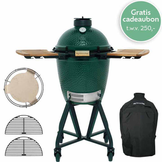 Big Green Egg Medium Master Set 4 met onderstel, houten zijtafels, convEGGtor, gietijzeren roosters en beschermhoes