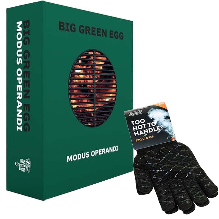 Big Green Egg Modus Operandi kookboek met bewaarcassette en BBQ-handschoenen