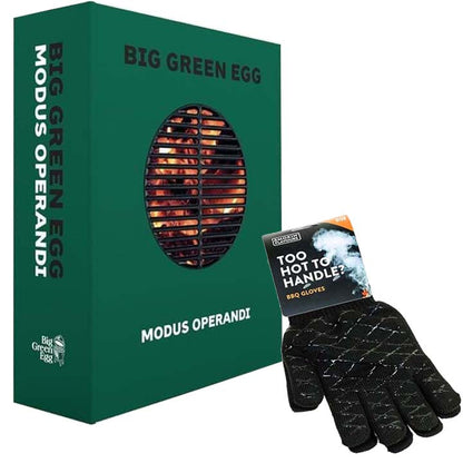 Big Green Egg Modus Operandi kookboek met bewaarcassette en BBQ-handschoenen