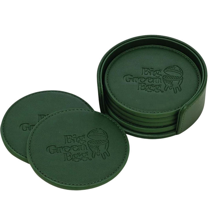 Zes groene Big Green Egg onderzetters van PU-leer met houder