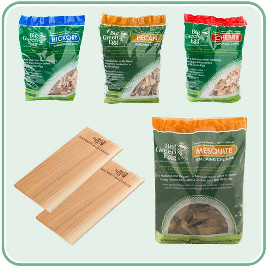 Big Green Egg Rookhoutpakket met Wood Chips, Mesquite Wood Chunks en cederhouten Grilling Planks