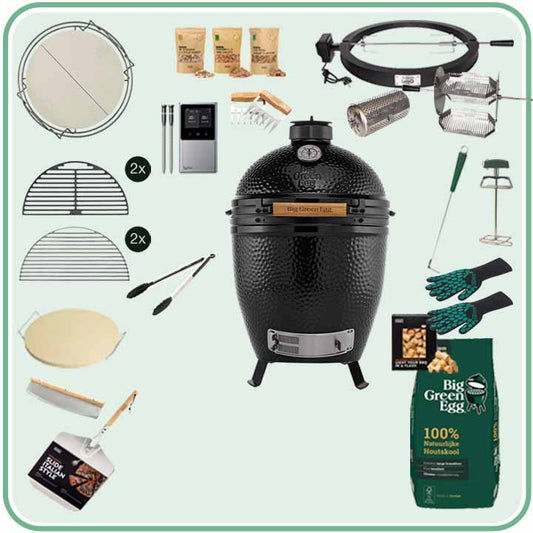 Big Green Egg The Onyx Large Deal 1 met Table Nest, draaispit, pizza-accessoires en thermometer