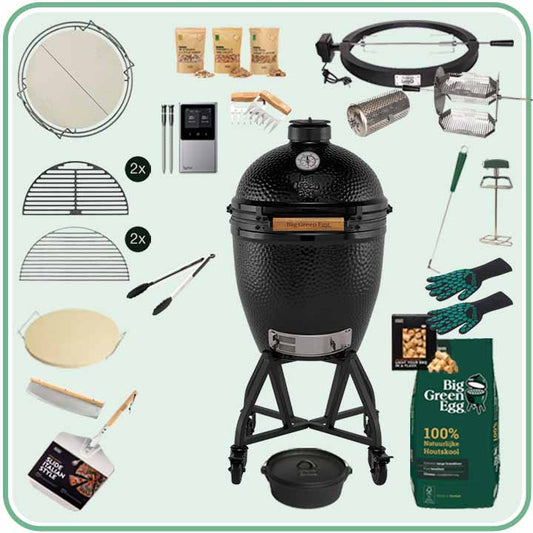 Big Green Egg The Onyx Large Deal 2 met verrijdbaar onderstel, draaispit, Dutch oven en thermometer