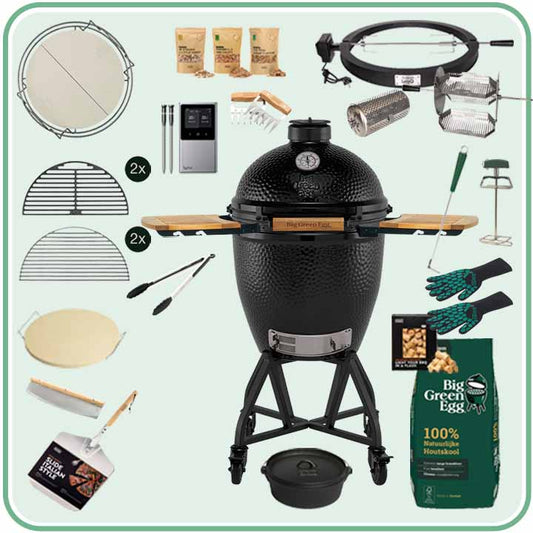 Big Green Egg The Onyx Large Deal 3 met onderstel, zijtafels, draaispit, pizza-accessoires en thermometer
