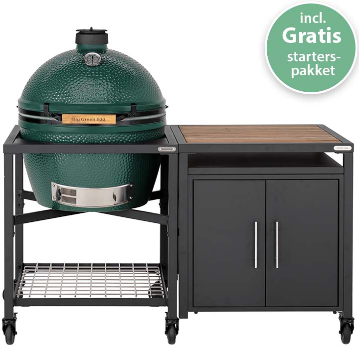 Big Green Egg XLarge met modulair EGG Frame, Expansion Cabinet, acaciahouten werkblad en zes wielen