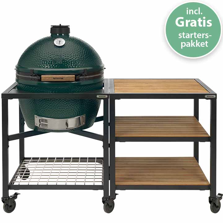 Big Green Egg XLarge met modulair EGG Frame, Expansion Frame, acaciahouten inserts en zes wielen