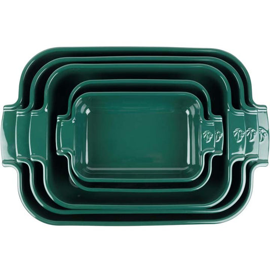Vijf Peugeot Appolia rechthoekige ovenschalen in Bosgroen