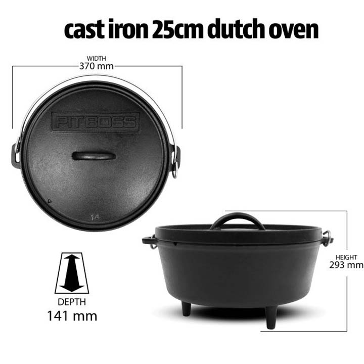 Pit Boss gietijzeren Dutch oven 25 cm met deksel en afmetingen