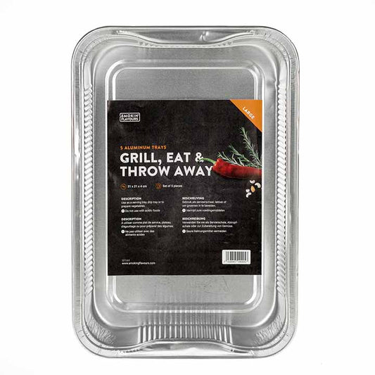 Vijf Smokin’ Flavours aluminium bakken L van 31 x 21 cm