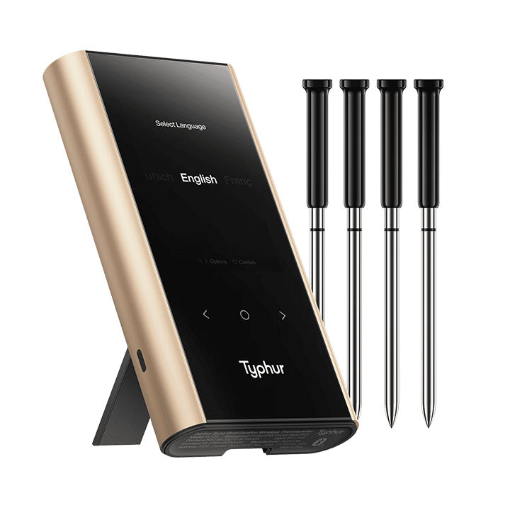 Vier slanke draadloze temperatuurprobes van de Typhur Sync Gold Quad