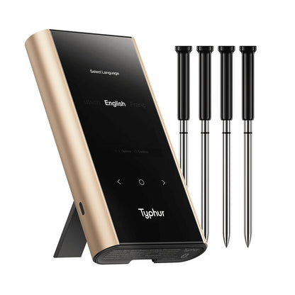 Vier slanke draadloze temperatuurprobes van de Typhur Sync Gold Quad